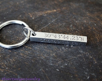 Custom Coordinates 4 Sided Bar Keychain, Custom Four Sided Bar Key Chain, Coordinates Key Chain