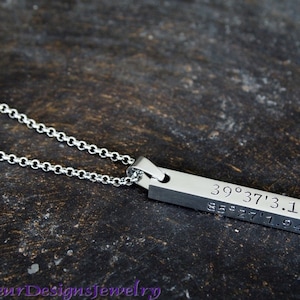 Custom Coordinates Necklace, Latitude/Longitude Necklace, 4 Sided Bar Custom Message Necklace Round Box Chain 30"