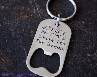 Latitude & Longitude Bottle Opener Keychain, Wedding Location Keychain, Anniversary Keychain