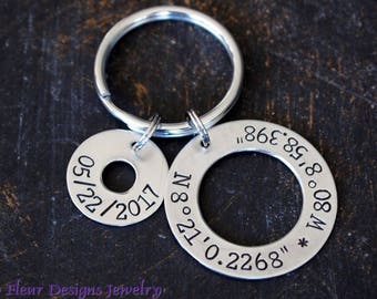 Custom Coordinates Key chain, Personalized Latitude Longitude Keychain, Custom Coordinates and Date Keychain