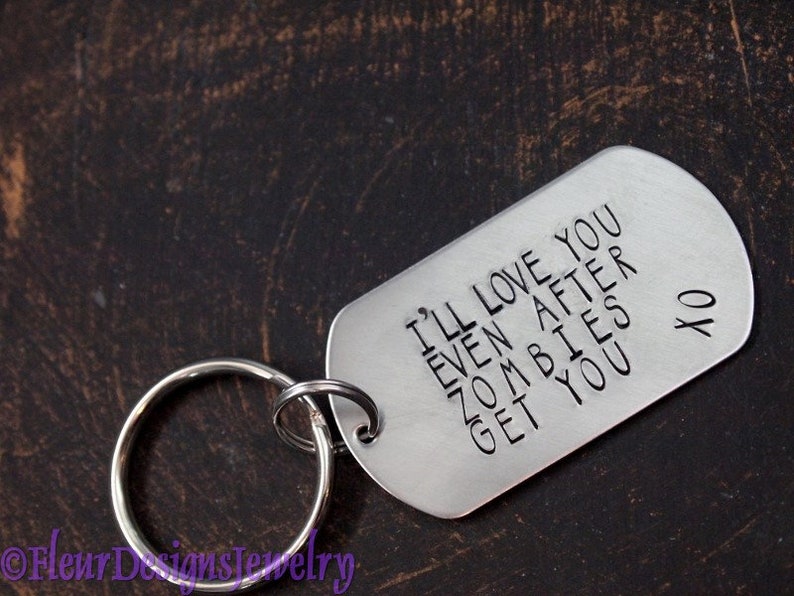 Personalized Dog Tag Keychain Custom Message Hand Stamped Key Etsy