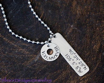 Coordinates Jewelry, Coordinates and Roman Numeral Date Necklace, Personalized Coordinates and Date Necklace