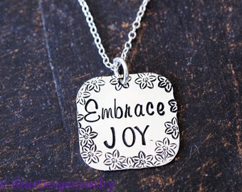 Embrace JOY Necklace, Inspirational Charm Necklace, Mindfulness Jewelry