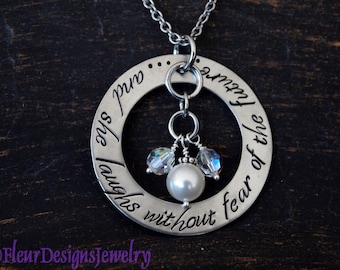 Proverbs 31:25 Necklace, And She Laughs Without Fear of the Future- Hand Stamped Necklace, Inspirational Jewelry