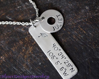 Custom Coordinates Necklace for Graduate, Coordinates Necklace with Name or Date Charm, Personalized Graduation Gift