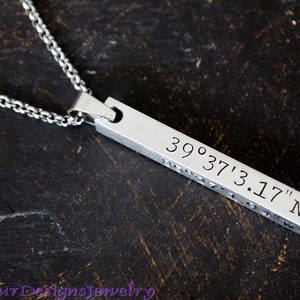 Custom Coordinates Necklace, Latitude/Longitude Necklace, 4 Sided Bar Custom Message Necklace Round Box 18"