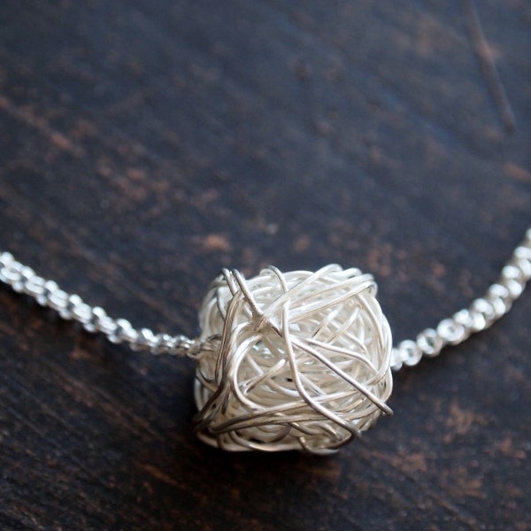 Silver Wire Cube Necklace, Abstract Cube Sterling Silver Necklace