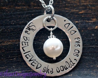 Inspirational Hand Stamped Necklace, Swarovski Pearl, Stainless Steel