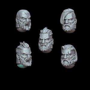 Könnte beinhalten: Sechs 3D-gedruckte Miniaturköpfe von bärtigen Männern mit verschiedenen Frisuren. Die Köpfe sind grau und haben ein detailliertes, realistisches Aussehen.