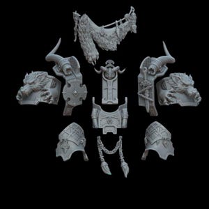 Peut inclure: Un ensemble de pièces miniatures en plastique gris pour un jeu de table. Les pièces comprennent une tête de loup, un bouclier, une épée, une chaîne et une cape de fourrure.