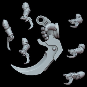 Pode incluir: Uma coleção de armas cinzentas de estilo futurista, incluindo uma grande lâmina curva segurada por uma mão mecânica e vários acessórios menores em forma de garra. O design apresenta elementos mecânicos detalhados e uma estética de ficção científica.