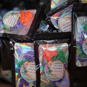 May include: Multiple holographic pouches containing small, colorful plastic spider web shapes and round beads. Each pouch features a circular sticker with an illustration of a fairy and the text, "YOU'VE BEEN Pixie Dusted FROM CABIN."