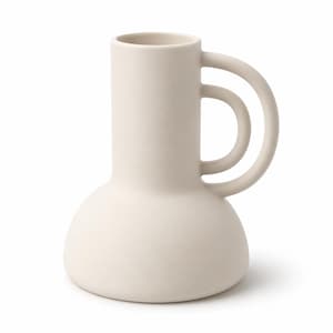 May include: A matte off-white ceramic vase with a wide, rounded base and a tall, cylindrical neck. The vase features two distinct, curved handles attached to the side, creating a stacked, circular loop design that extends from the neck to the base.