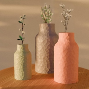 Op de afbeelding: Drie getextureerde vazen in groen, beige en koraal, elk met delicate gedroogde bloemen. De vazen hebben een unieke, gebeeldhouwde uitstraling en staan op een houten oppervlak, wat een natuurlijke en artistieke presentatie creëert.