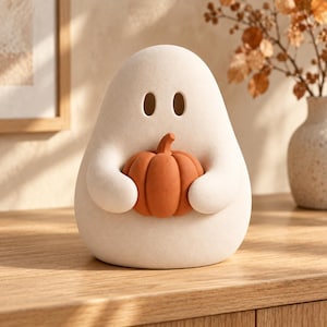 Peut inclure: Une figurine de fantôme en céramique blanc cassé lisse avec un corps arrondi en forme de goutte et deux découpes ovales pour les yeux. Le fantôme tient une petite citrouille orange brûlé texturée avec une tige définie entre ses bras.
