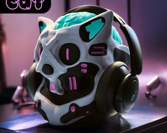 Cyberpunk Cat Headphone Holder: Gamer Desk Decor STL File