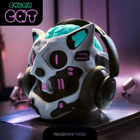 Cyberpunk Cat Headphone Holder: Gamer Desk Decor STL File