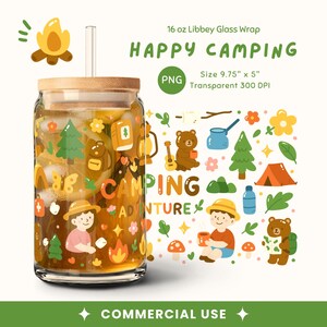 Envoltório de vidro Libbey para acampamento, envoltório de lata de vidro para acampamento, sublimação para acampamento, envoltório de vidro Libbey, lata de vidro PNG, presente para amigos