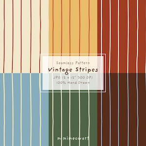 May include: A seamless pattern design with vertical stripes in cream, blue, green, orange, and brown. The text "Vintage Stripes" is displayed, along with the dimensions of 30.48 x 30.48 cm and the phrase "100% Hand Drawn".