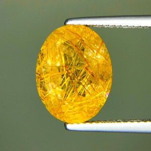 Puede incluir: Una gema ovalada, sujeta con pinzas, de color amarillo brillante. La gema presenta intrincadas inclusiones doradas y vetas rojizas. La piedra preciosa es el foco principal sobre un fondo verde suave.