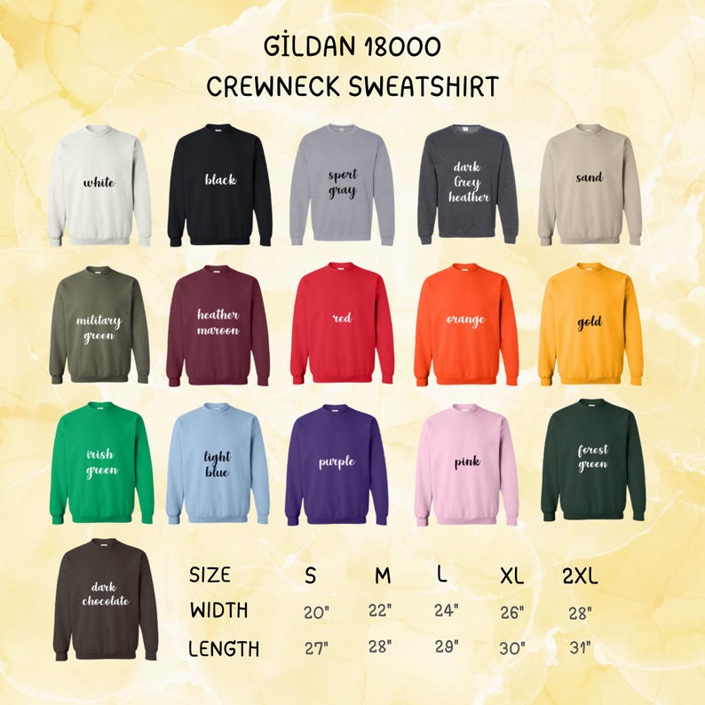 May include: A display of Gildan 18000 crewneck sweatshirts in various colors, including white, black, and red. The image also shows size and measurement details, with widths ranging from 20" to 28" and lengths from 27" to 31".
