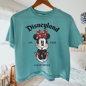 K&ouml;nnte beinhalten: Ein t&uuml;rkisfarbenes T-Shirt mit einem Minnie Mouse-Motiv mit roter Schleife und dem Text "Disneyland est. 1955 CALIFORNIA". Das T-Shirt h&auml;ngt an einem Holzb&uuml;gel.