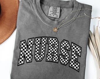 Checkered Nurse Comfort Colors Shirt, Retro Nurse Shirt, Christmas Gift for Nurse, RN Shirt, Registered Nurse Tee, New Nurse Graduation Gift