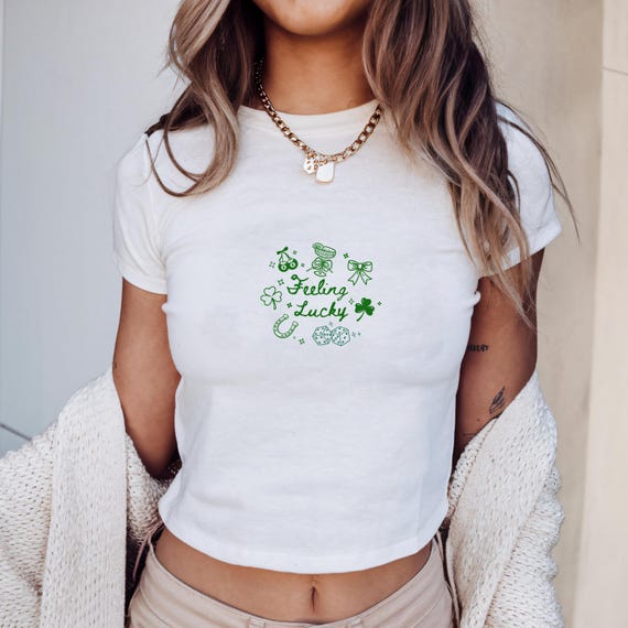 Feeling Lucky Baby Tee, St Patricks Day Baby Tee, Y2K Trendy 90's Baby Tee, 2000s Crop Top, St Patty's Day Shirt