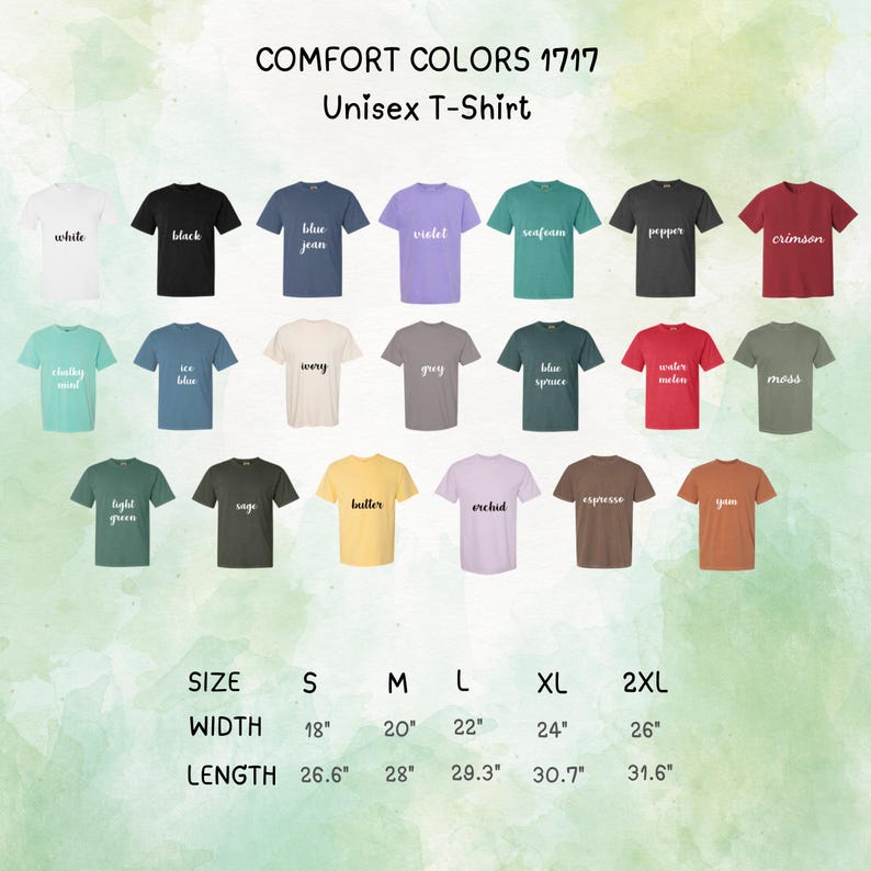以下が含まれることがあります： 白、黒、ブルージーンズ、紫、シーフォームなど、さまざまな色のComfort Colors 1717ユニセックスTシャツのディスプレイ。 画像には、幅45.7cmから66cm、長さ67.6cmから80.3cmのサイズ詳細も含まれています。