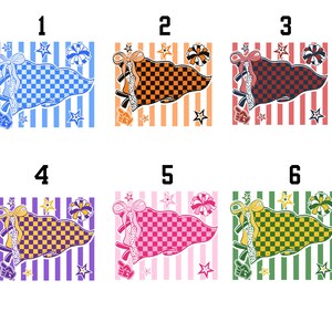 May include: Six graphic designs featuring a pennant flag with a checkered pattern, a bow, a pom-pom, and a foam finger. Each design is set against a vertical striped background with stars, numbered one through six in blue, orange, red, purple, pink, and green.