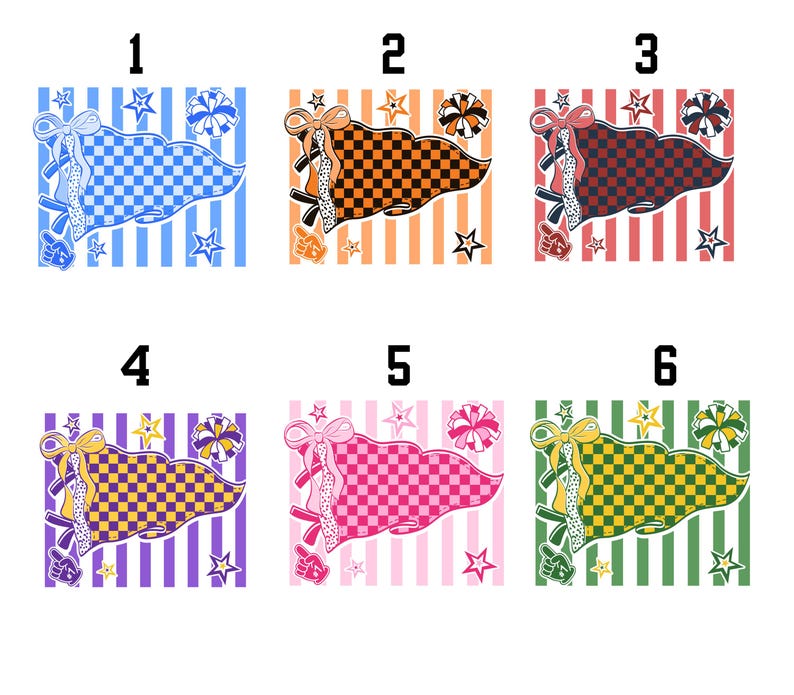 May include: Six graphic designs featuring a pennant flag with a checkered pattern, a bow, a pom-pom, and a foam finger. Each design is set against a vertical striped background with stars, numbered one through six in blue, orange, red, purple, pink, and green.