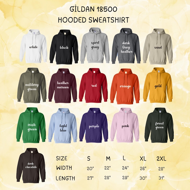May include: A display of Gildan 18500 hooded sweatshirts in various colors, including white, black, and red. The image also shows size and measurement details, with widths ranging from 20" to 28" and lengths from 27" to 31". The text "HOODED SWEATSHIRT" is at the top.