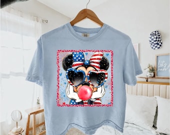 Patriotic Minnie Mickey Comfort Colors  Boxy Tee, USA Sunglasses Bubblegum Tee, Disney Summer Vacation Tee, Disney 4th of July Crop Top Tee
