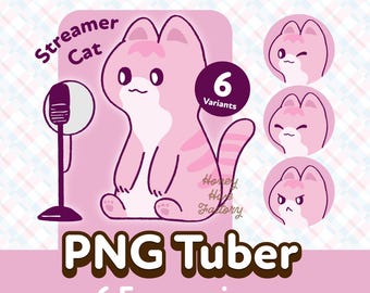 Puede incluir: Un gato de dibujos animados rosa con un micrófono, etiquetado como "Streamer Cat" y "PNG Tuber". La imagen incluye seis variantes de gatos con diferentes expresiones faciales. El fondo es un patrón de cuadros rosa claro y blanco.