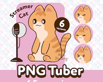 Puede incluir: Un gato naranja de dibujos animados con un micrófono delante. El gato lleva un sombrero de streamer y el texto "Streamer Cat" está encima. El texto "PNG Tuber 6 Expressions" está debajo del gato. Hay seis expresiones diferentes del gato en círculos alrededor de la imagen principal.