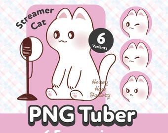 May include: A white cat with pink cheeks sits in front of a microphone. The cat is a streamer and has 6 different expressions. The text "Streamer Cat" and "PNG Tuber 6 Expressions" is on the image.