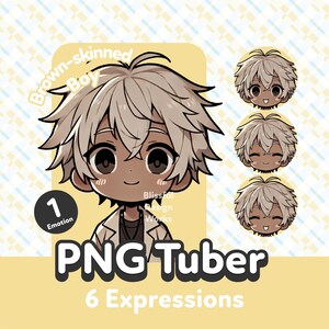 Puede incluir: Ilustración digital de un chico de piel morena con cabello castaño claro y seis expresiones faciales diferentes. La imagen incluye el texto "PNG Tuber" y "6 Expressions". El chico lleva una chaqueta blanca y un collar.