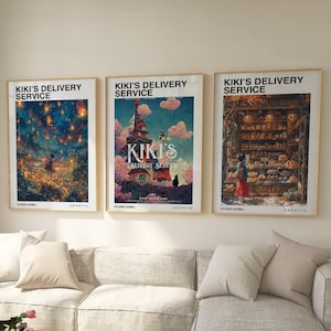 Kikis Lieferservice Poster 3er Set, Studio Ghibli Druck, Studio Ghibli Poster, Kiki und Jiji Kunst, Kikis Lieferservice Wandkunst