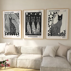 Yayoi Kusama inspiriert schwarze Katze Poster Set von 3, Yayoi Kusama Druck, Japanische Wandkunst, Abstrakter Yayoi Kusama Druck, Kusama Poster Set