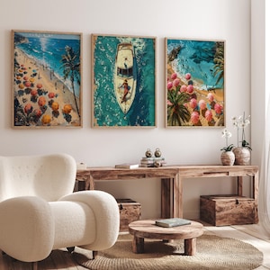 Sommer Meer Poster, kleine Leute Schwimmen Poster Wanddekoration, Sommer Haus Dekoration, Yacht Poster, Sonnenschirm Kunst, Küsten Poster