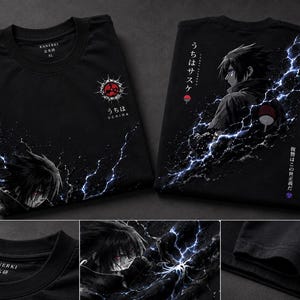 May include: A black t-shirt featuring a graphic of an anime character with dark hair and red eyes surrounded by blue lightning effects. The shirt includes Japanese text, the word UCHIWA, and a red and black circular emblem on the chest and sleeve.