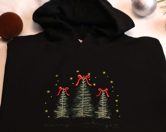 Embroidered Christmas Tree Hoodie, Festive Holiday Sweatshirt