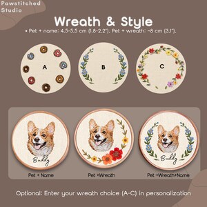 May include: Embroidered pet portraits with wreath options, featuring a corgi named Buddy. The round designs include donut patterns, floral wreaths, and the text "Wreath & Style". The pet portraits are approximately 1.8-2.2 inches in diameter.