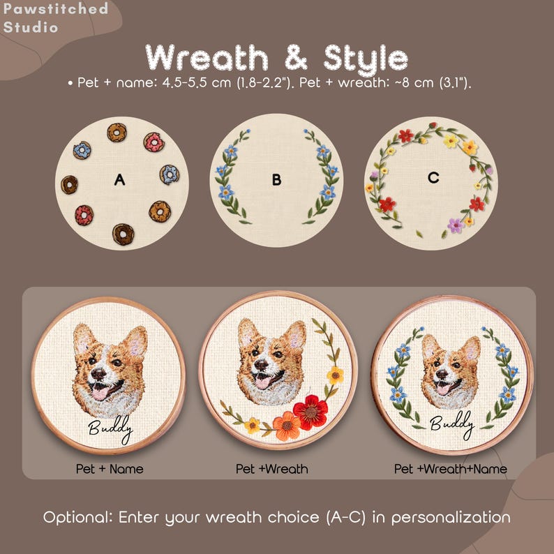 May include: Embroidered pet portraits with wreath options, featuring a corgi named Buddy. The round designs include donut patterns, floral wreaths, and the text "Wreath & Style". The pet portraits are approximately 1.8-2.2 inches in diameter.