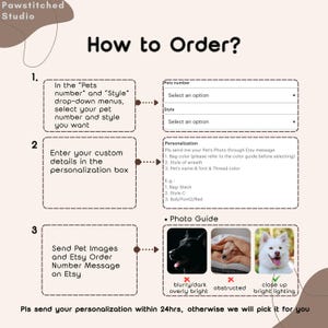May include: An instructional graphic from Pawstitched Studio, titled "How to Order?" It details the steps for ordering custom pet portraits, including selecting options, entering details, and sending images. Includes photo examples and a note about personalization.
