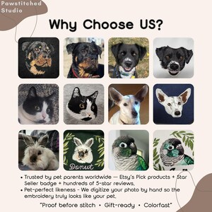 May include: An advertisement for Pawstitched Studio, showcasing embroidered pet portraits. The image features a grid of various pet portraits, including dogs, cats, a rabbit, and a bird. Text highlights the studio's features and Etsy's Pick products.