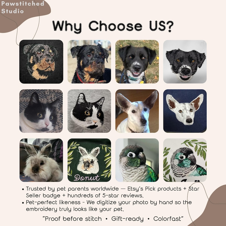 May include: An advertisement for Pawstitched Studio, showcasing embroidered pet portraits. The image features a grid of various pet portraits, including dogs, cats, a rabbit, and a bird. Text highlights the studio's features and Etsy's Pick products.