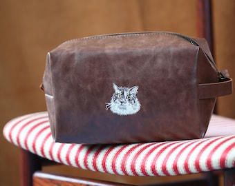 Custom Embroidered Pet Portrait Toiletry Bag, PU Leather Travel Pouch, Mother'S Day Gifts