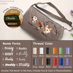 May include: A gray pet carrier bag with embroidered dog faces and names. The bag has a shoulder strap and text that says "Add Pet's Name". The image also shows font and thread color options.