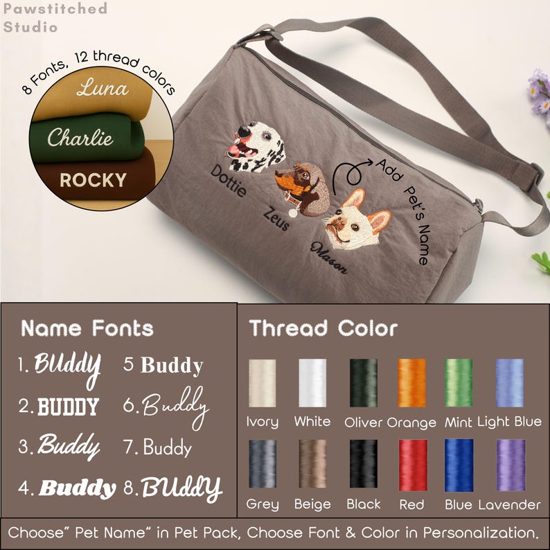 May include: A gray pet carrier bag with embroidered dog faces and names. The bag has a shoulder strap and text that says "Add Pet's Name". The image also shows font and thread color options.